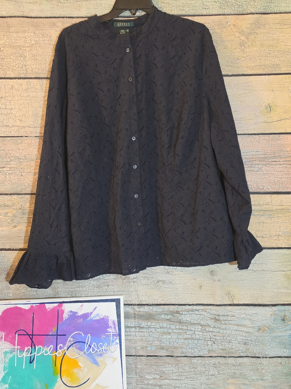 Ralph Lauren Black Eyelet Button-Down Blouse with Ruffle Cuffs